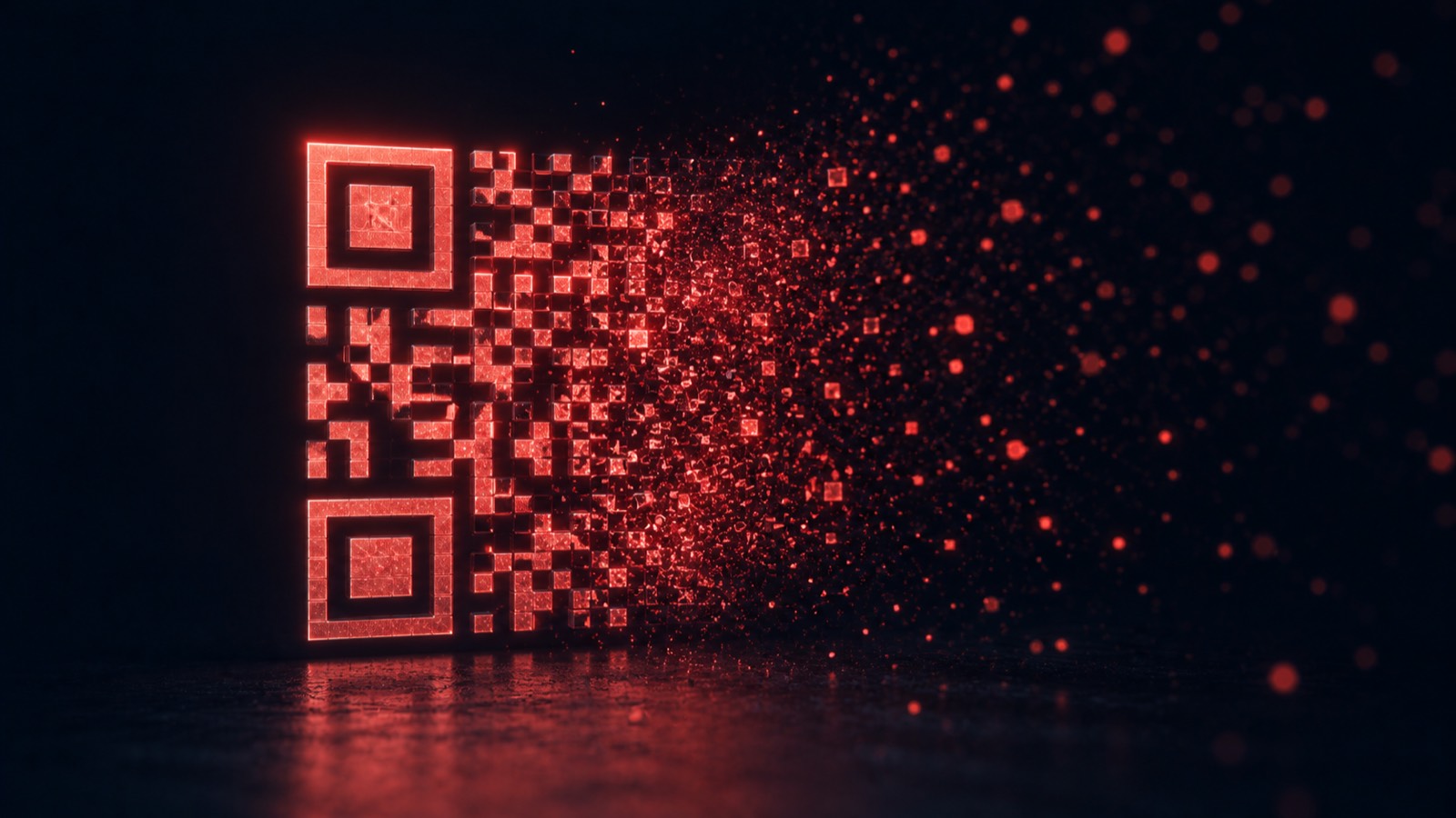 Een digitale QR-ticket dat uiteenvalt in lichtdeeltjes