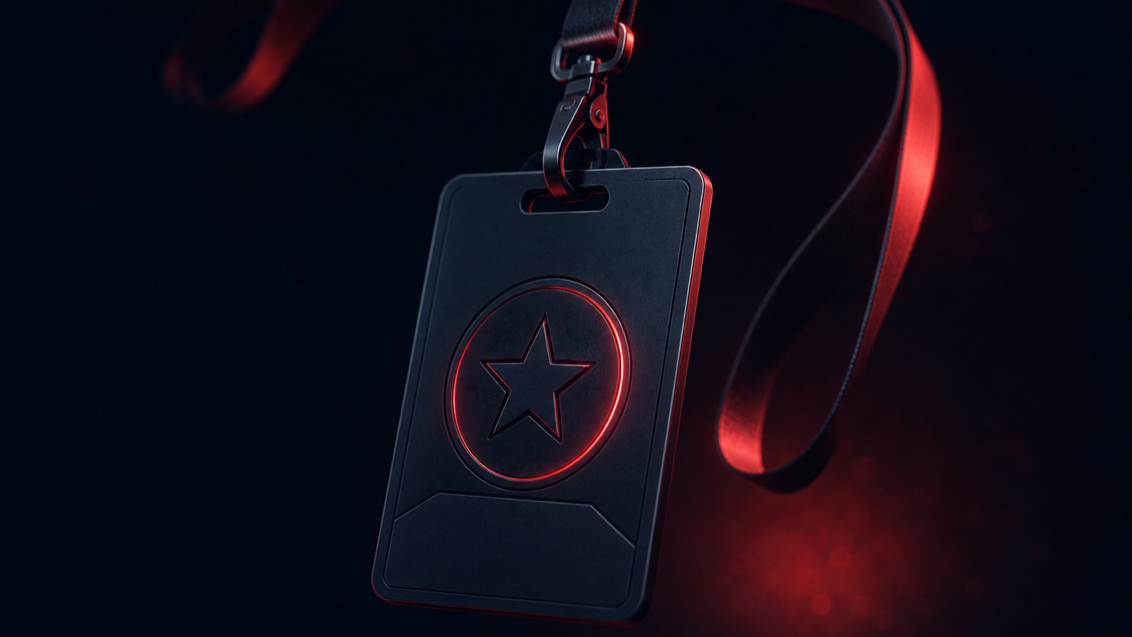 Een premium VIP-toegangsbadge aan een lanyard in het donker