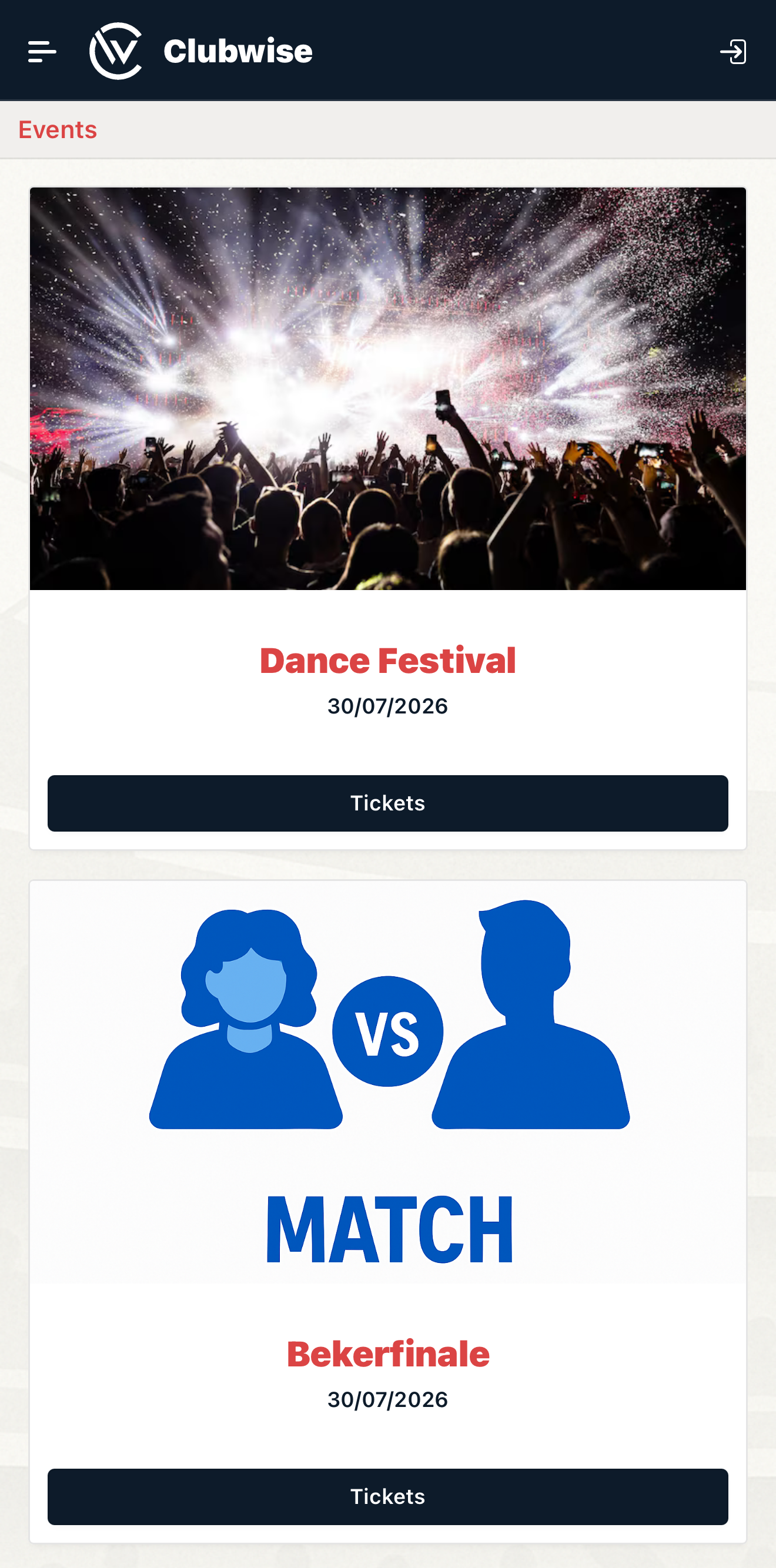 De Mobile App met het overzicht van komende events en de knop Tickets