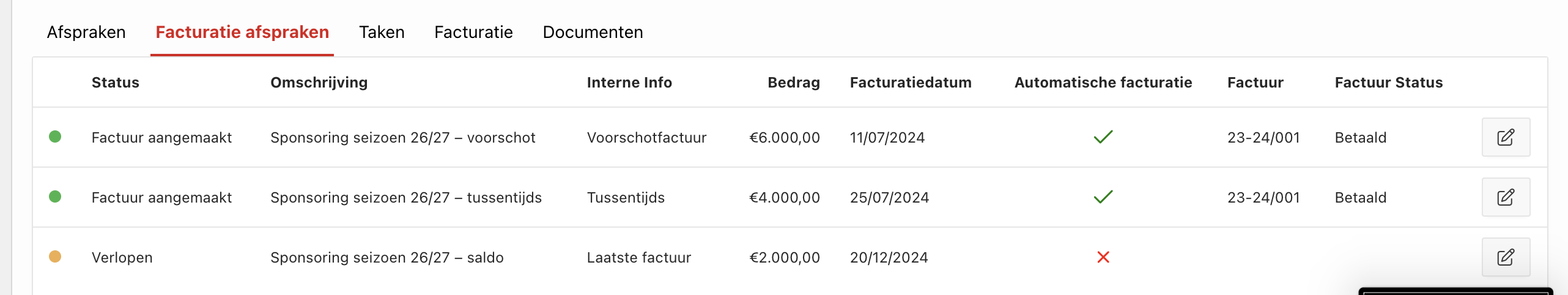 Meerjarig facturatieplan per sponsordeal in Clubwise
